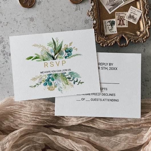 Goud en Groen Eucalyptus Bruiloft Rsvp