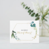 Goud en Groen Eucalyptus Maid of Honor Uitnodiging Briefkaart (Staand voorkant)