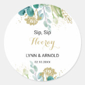 Goud en Groen Eucalyptus Sip Hoera bruiloft Ronde Sticker (Voorkant)