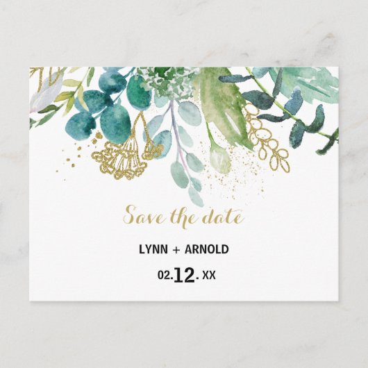  Goud en Groene Eucalyptus Bewaar de Datum Briefkaart (Voorkant)