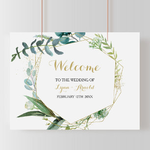 goud en groene eucalyptus welkomstbruiloft poster