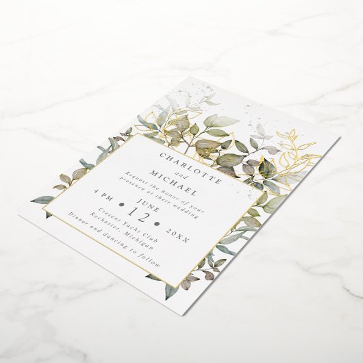 Goud en groene waterverf verlaat bruiloft folie uitnodiging (Gedraaid)