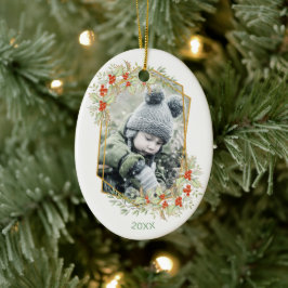 Goud en Holly | Geometrische vakantiefoto Keramisch Ornament