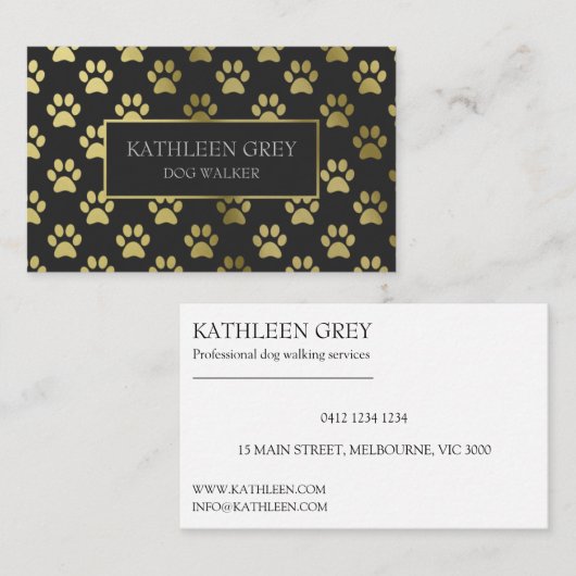 Goud en houtskool Paw Print Patroon | Dog Walker Visitekaartje (Voorkant / Achterkant)