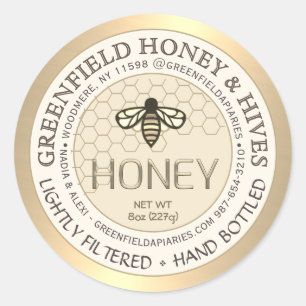 Goud en Ivoor Honing Label met Honingraat en Bijen