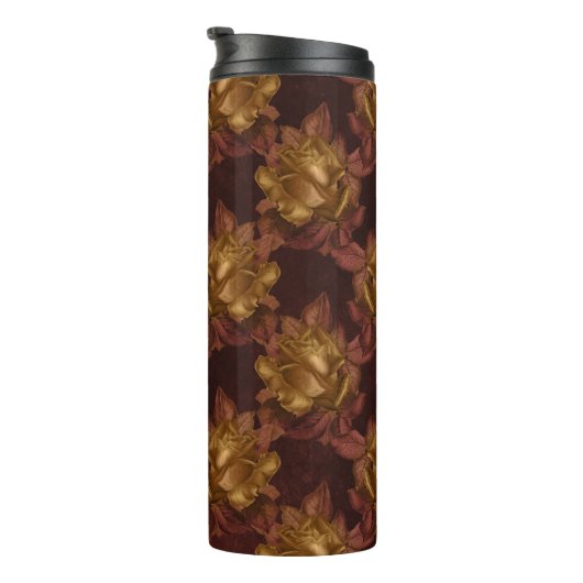 goud en kastanjebruin herfstbloempatroon thermosbeker (Geroteerd rechts)