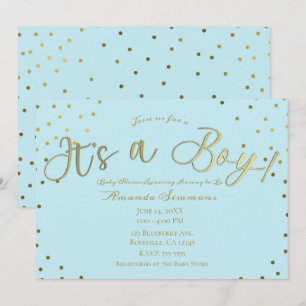 Goud en licht blauw Modern Het is een Baby shower Kaart