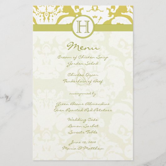Goud en Limoen Damask Bruiloft Menu (Voorkant)