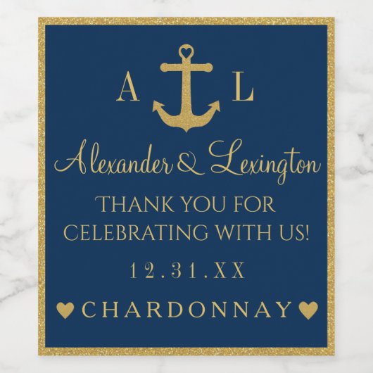 Goud en Marine Blauw Anker Monogram Bruiloft Wijn Etiket