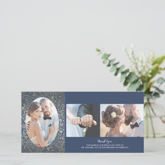 Goud en Marine Bloemen Fotobruiloft Dank u Bedankkaart (Staand voorkant)