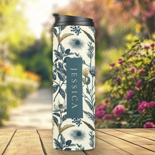 Goud en marine  Botanisch Patroon Thermosbeker