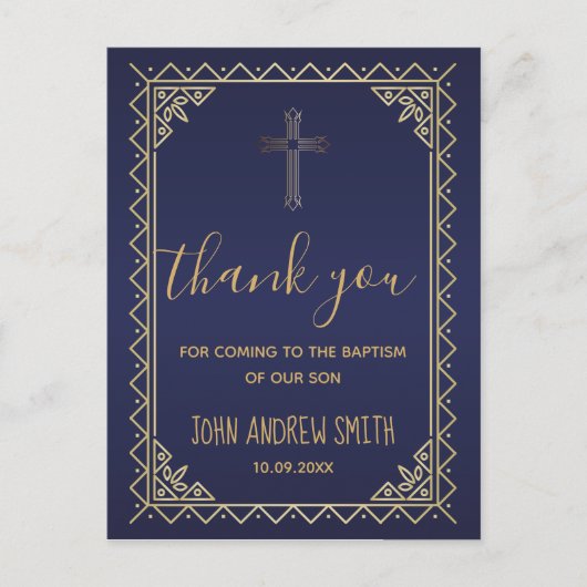  Goud en Marine Doop Dank u Briefkaart (Voorkant)