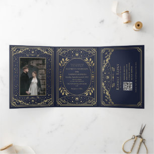 Goud en Marine Elegante Tarot Wedding QR Code Drieluik Uitnodiging