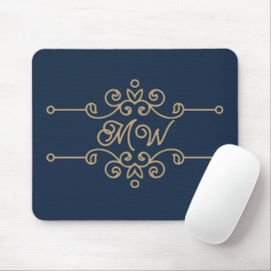 Goud en marineblauw elegant krulmonogram uit de vi muismat