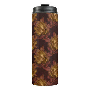 Goud en maroen herfst bloemmotief uit vroeger tijd thermosbeker