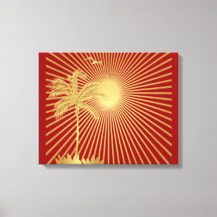 Goud en maroon Palm Tree, zon- en vogelcanvas Canvas Afdruk