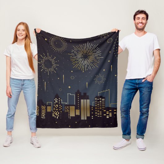 Goud en midderblauw landschap met vuurwerk fleece deken (In situ)