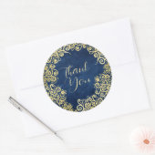 Goud en Navy Blue Swirls Classy Boho Bedankt Ronde Sticker (Envelop)