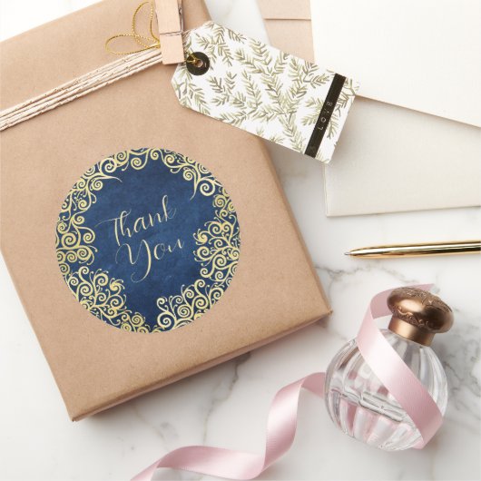 Goud en Navy Blue Swirls Classy Boho Bedankt Ronde Sticker (Geschenken)