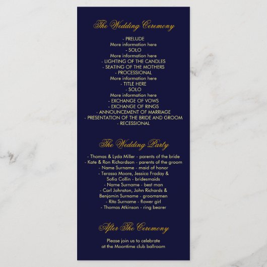 Goud en Navy String Lights Trouwprogramma's Programma (Achterkant)