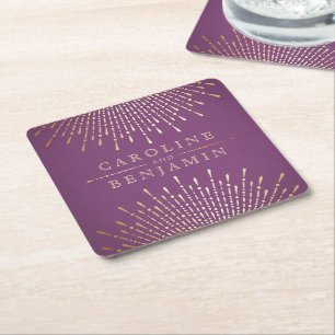 Goud en paarse art deco vintage bruiloft monogram vierkante kartonnen onderzetter