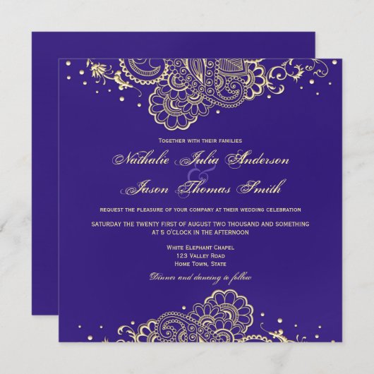 Goud en Paarse Henna Kant Bruiloft Uitnodiging (Voorkant / Achterkant)