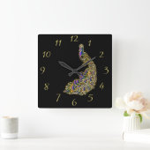 Goud en paarse pauw glimpelen helder vierkante klok (Huis)