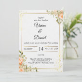 Goud en perzik bloemen bruiloft uitnodiging (Staand voorkant)