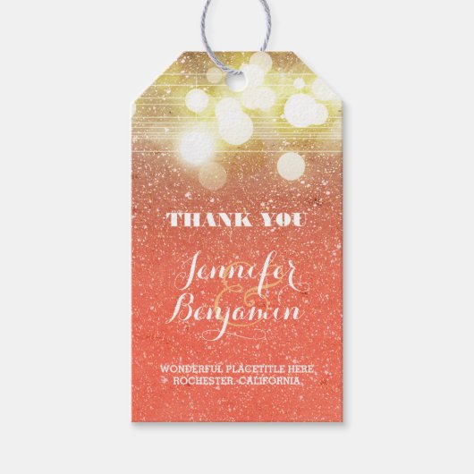 Goud en perzik string lichten glitter bruiloft cadeaulabel (Voorkant)