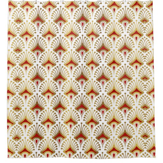 Goud en Rood Art Deco patroon op Wit Douchegordijn (Voorkant)