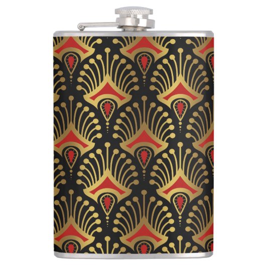 Goud en rood Art Deco-patroon op zwart Heupfles (Voorkant)