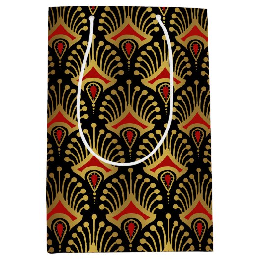Goud en rood Art Deco-patroon op zwart Medium Cadeauzakje (Voorkant)