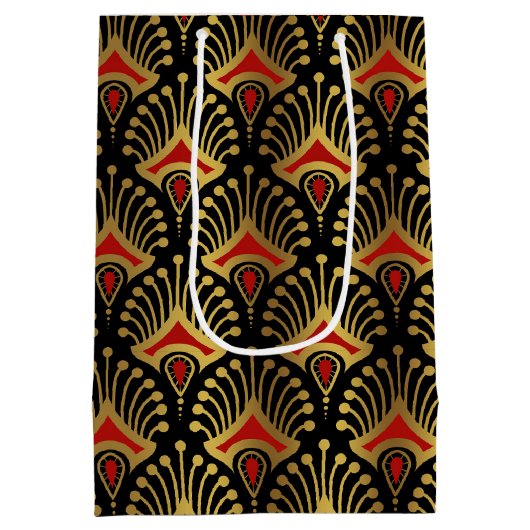 Goud en rood Art Deco-patroon op zwart Medium Cadeauzakje (Achterkant)