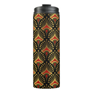 Goud en rood Art Deco-patroon op zwart Thermosbeker