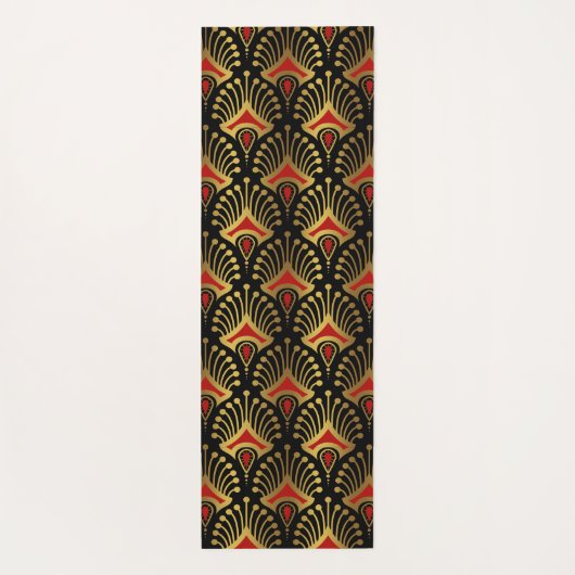 Goud en rood Art Deco-patroon op zwart Yogamat (Achterkant)