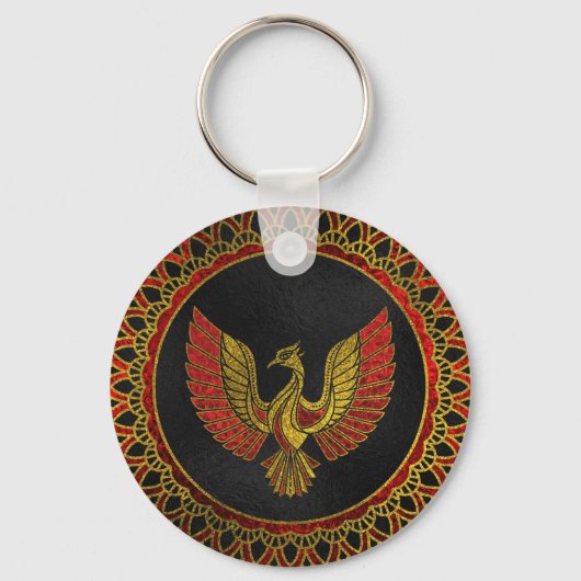 Goud en rood Gedecormeerd Phoenix vogelsymbool Sleutelhanger (Voorkant)