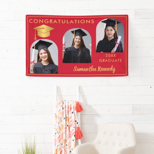 Goud en rood Gefeliciteerd 3 Foto Afstuderen Spandoek (Insitu)