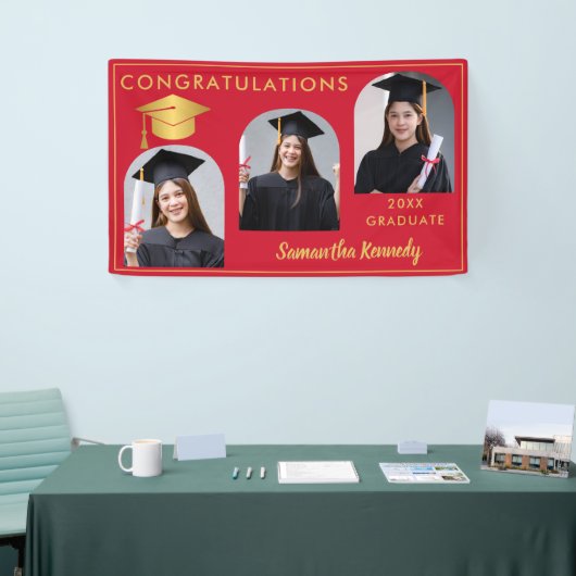 Goud en rood Gefeliciteerd 3 Foto Afstuderen Spandoek (Beurs)