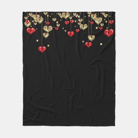 Goud en rood hart op zwarte achtergrond fleece deken (Voorkant)