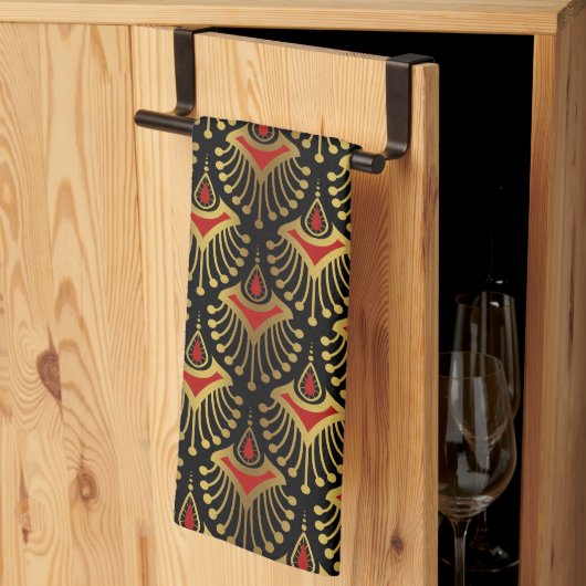 Goud en rood Kunstdeco-patroon op zwarte keukengoo Theedoek (Derde Gevouwen)