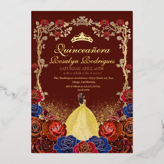Goud- en rood luxe Quinceanera-folie Folie Uitnodiging (Voorkant)
