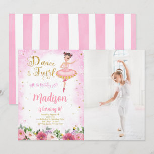 Goud en Roze Ballerina Foto Uitnodiging