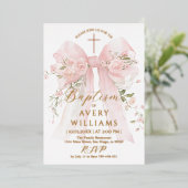 Goud en Roze Bloemen Bow Boy Doop Elegant Folie Uitnodiging (Staand Voorkant)