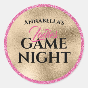 Goud en Roze Glitter Dames Spelletjesavond Ronde Sticker