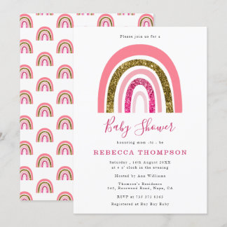 Goud en Roze Glitter Schattige Regenboog Baby show Kaart
