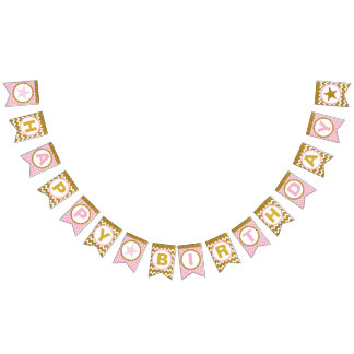 Goud en Roze Happy Birthday Bunting Flags, Aangepa Vlaggetjes