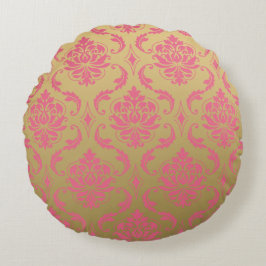 Goud en roze Klassic Damask Rond Kussen