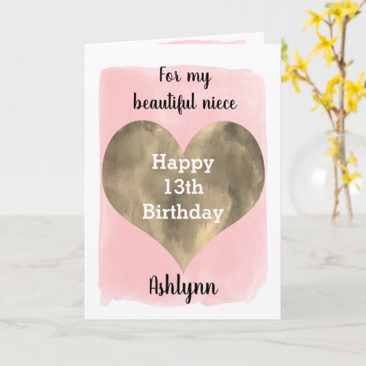 Goud en roze nichtje 13e verjaardag kaart (Gele Bloem)