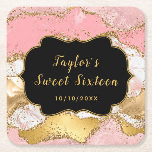 Goud en Roze Sequins Agaat Sweet Sixteen Vierkante Kartonnen Onderzetter