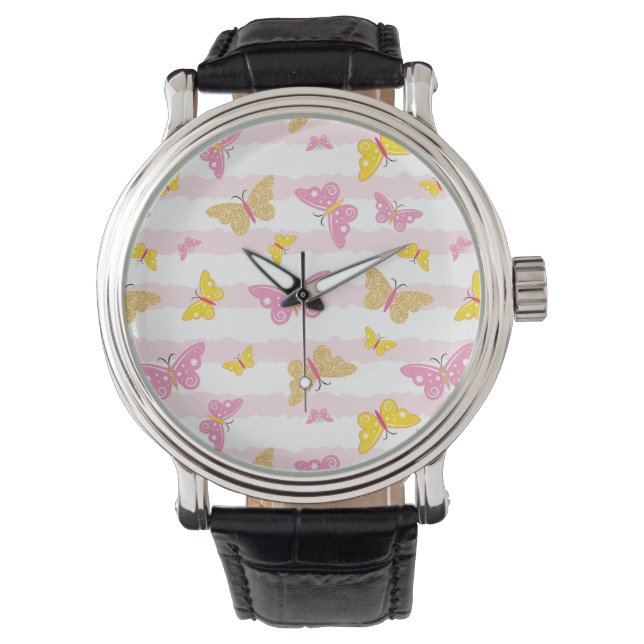 Goud en roze vlinder horloge (Voorkant)